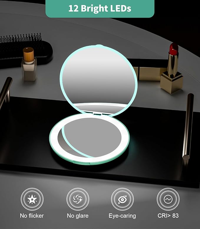 WOBSION LED Lighted Travel Makeup Mirror, 1x/10x Magnification, Compact, Portable for Handbag, Purse, Pocket, 3.5 inch Illuminated, Folding, Handheld, 2-Sided, Round, Cyan