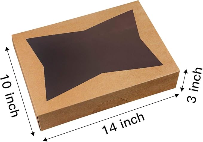 ONE MORE [15-Pack] 14 x10 x 3inch Brown Paperboard Lock Corner Window Bakery Cookie Boxes, Large Container with PVC Windows for Pie and Cookie Box