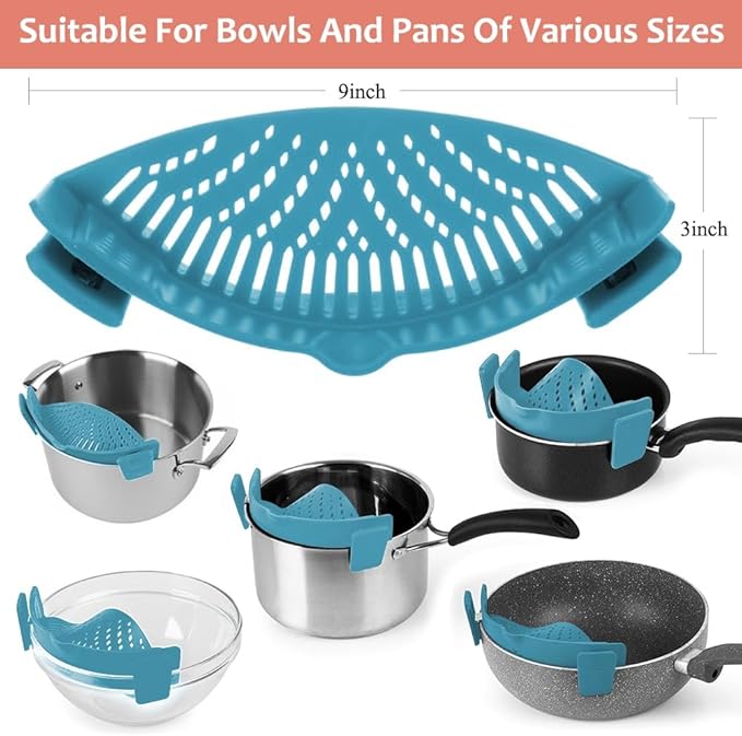 YEVIOR Clip on Strainer for Pots Pan Pasta,Silicone Food Strainer Hands-Free Pan Strainer, Clip-on Kitchen Food Strainer for Spaghetti, Pasta, Ground Beef Fits All Bowls and Pots (Teal)