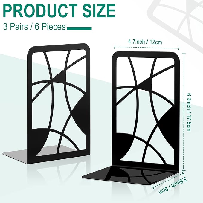 Zonon 6 Pcs Heavy Duty Bookends Decorative Black Metal Bookends for Shelves Book Divider Geometrical Holder Art Design Book Stopper for Home Office School