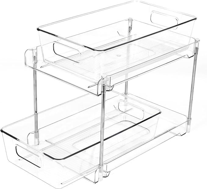 1 Pack 2-Tier Bathroom Organizers and Storage, Clear Under Sink Organizer Vanity Countertop Storage Pantry Organizers, Pull-Out Cabinet Organizer With Track For Bathroom, Kitchen, Pantry