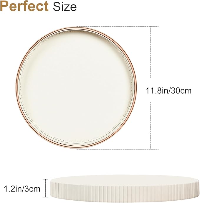 KINGFOM Decorative Serving Tray, PU Leather Valet Nightstand Desk Organizer for Men Women, Round Tray Decor for Coffee Table/Home Decor, Modern Decorative, Centerpiece (Ivory White)