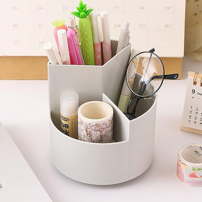 Rotating Pen Holder 3 Compartments, School Supplies Organizer for Pen, Colored Pencil, Art Brushes, Desktop Storage Box in Classroom & Art Studio, Gift for Teachers, Classmates, and Friends ,Grey