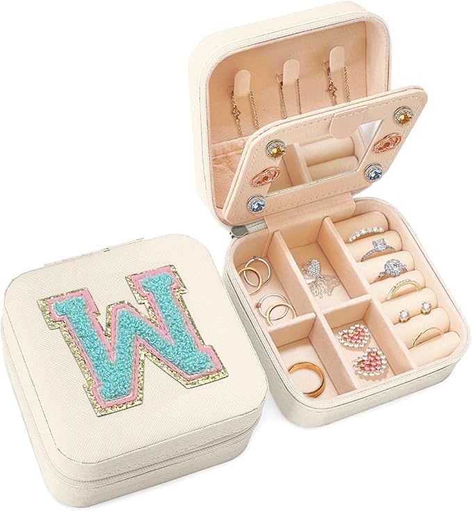 SANDJEST Personalized Jewelry Box, White Travel Jewelry Box with Initial W, Small Monogrammed Jewelry Case Organizer for Girls Women Teen Kids, Mini Travel Essentials Gifts for Birthday Christmas