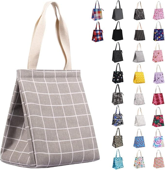 iknoe Insulated Lunch Bag for Women & Adults, 9L Foldable Wide-Open Cooler Bag with Pockets, Leakproof & Portable, for Picnic, Office, Beach (Gray grid)