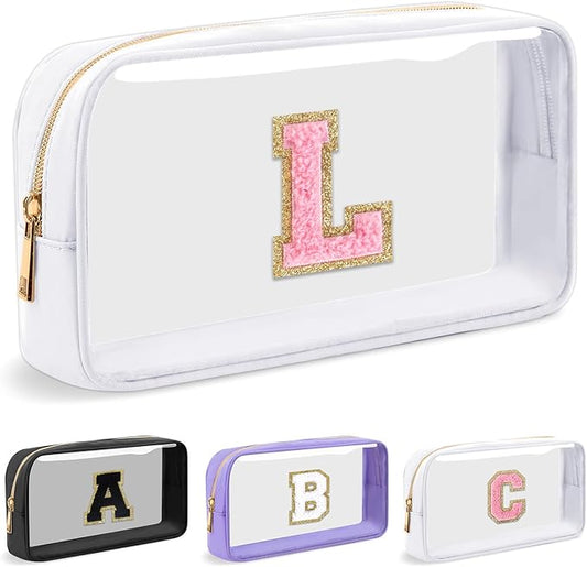 Personalized Initial Letter Clear Makeup Bag,Preppy Small Nylon&PVC Cosmetic Zipper Bag with Chenille Letter,Travel Skincare Toiletry Bag,Monogram Christmas Gift for Teen Girls Women,L
