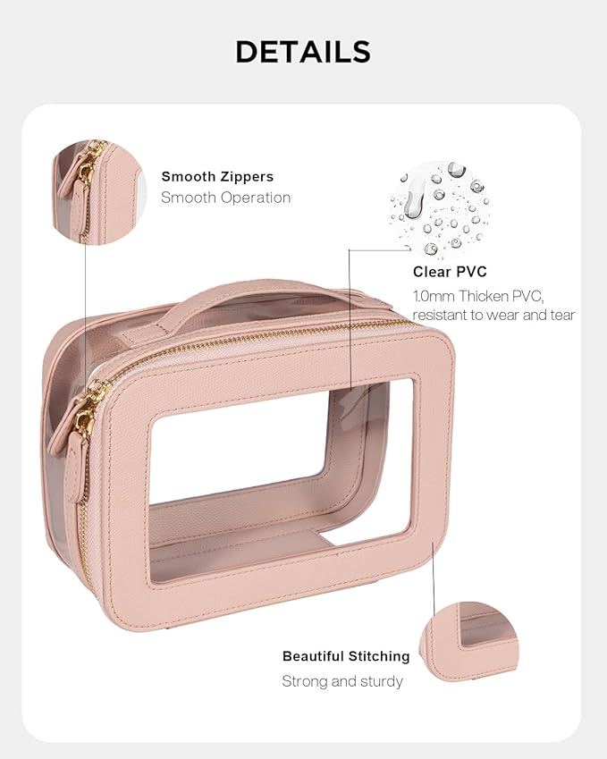 Clear Makeup Bag Set, Small Portable Clear Makeup Bag Cute Waterproof Travel Cosmetic Bag Makeup Pouch TSA Approved Toiletry Bag Women Traveling Car Organizer Car Essentials (Pink, Standard + Mini)