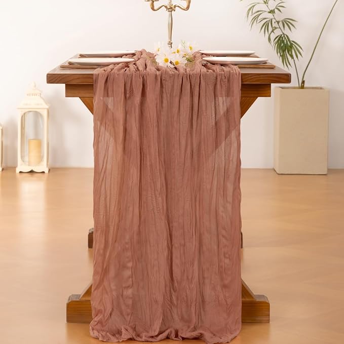 Socomi 3pcs Dusty Rose Summer Cheesecloth Table Runner Boho Rustic Gauze 120 inch 10FT Cheese Cloth Sheer Runner for Wedding Party Baby Shower Birthday Home Decor Holiday Decorations