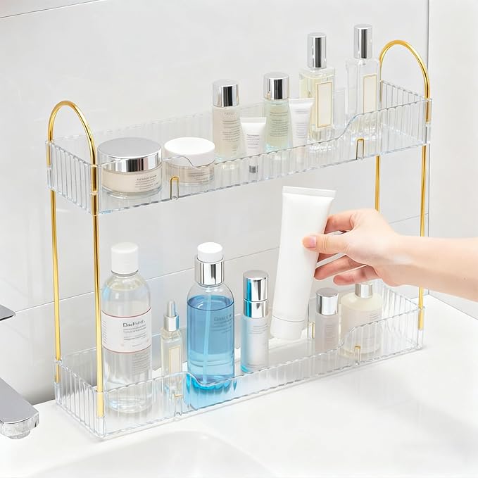 Bathroom Countertop Organizer, 2-Tier Slim Vanity Storage Rack for Bathroom Sink, Narrow Counter Organizer for Toiletries Skincare Perfume with Clear Plastic Trays