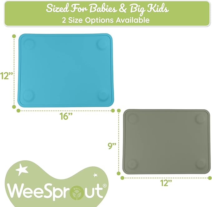 WeeSprout Silicone Suction Placemats for Babies, Toddlers & Kids, Durable Food Grade Silicone With Non-Slip Suction, Dishwasher Safe, for Dining Table & Restaurants + Travel Case, 2 Pack