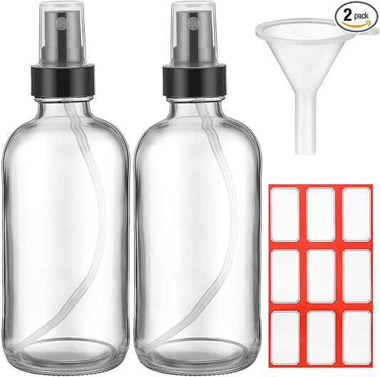 Fumete 2 Pack Glass Bottles 4oz Empty Refillable Liquid Containers with 1 Label 1 Funnel for Essential Oils Hair Travel Plants Cleaning Skin Care(Clear, Black Top,Mist Bottle)