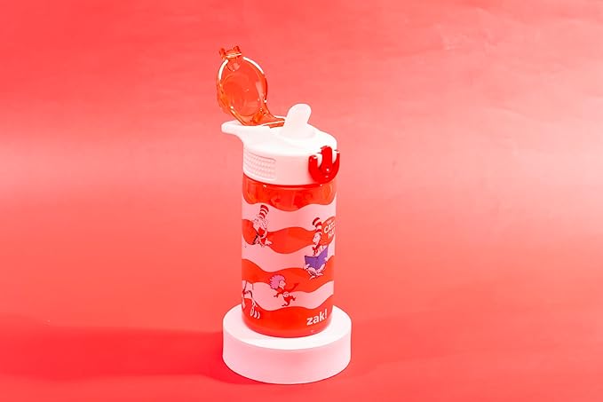 Zak Designs Dr. Seuss Sage Kids Water Bottle For School or Travel, 16oz Durable Plastic Water Bottle With Straw, Handle, and Leak-Proof, Pop-Up Spout Cover (The Cat in the Hat)