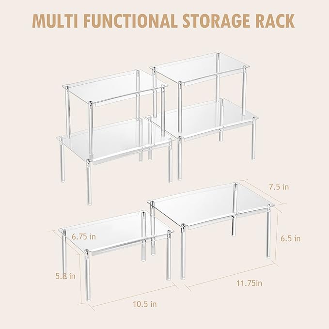 Acrylic Spice Rack Organizer Shelf for Cabinet, Set of 4 Shelves for Kitchen Organizers and Storage, Stackable Display Riser Shelf for Countertop Display Pantry Cabinet, Clear Shelves Room Decor
