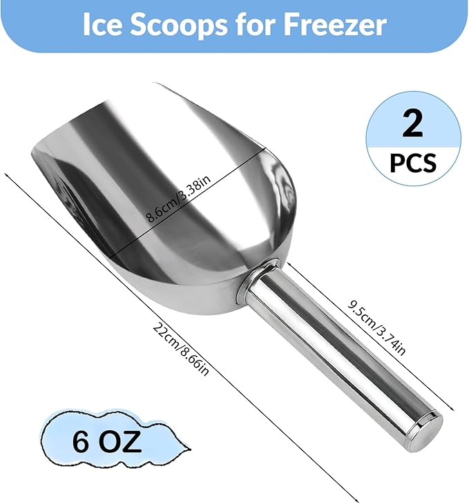 2 Pcs Ice Scoop for Freezer, 6 Oz Metal Ice Scooper, Stainless Steel Small Scoops with Round Bottom for Ice Machine Kitchen Flour Bar Party Wedding Pet Dog Food