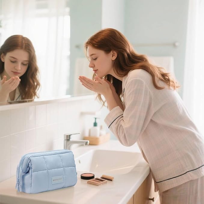 Makeup Bag Travel Toiletry Bag - Puffy Padded Make Up Bag, Waterproof Cosmetic Bag with Multiple Compartments, Wide-open Makeup Pouch for Cosmetics, Toiletries, and Travel Essentials, Blue