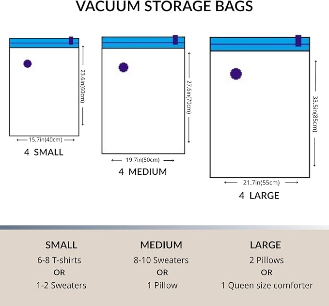 12 Pack Vacuum Storage Bags with Electric Pump, Compression Space Saver for Comforters, Bedding, Blanket Storage, Vacuum Seal Bags for Clothing, Luggage and Closet Organizer,