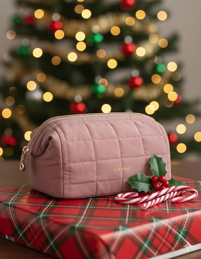 BAGSMART Makeup Bag Travel Toiletry Bag, Puffy Padded Makeup Bags for Women Makeup Organizer Case, Wide-open Pouch Purse Travel Essentials Toiletries Accessories Brushes, Dark Pink