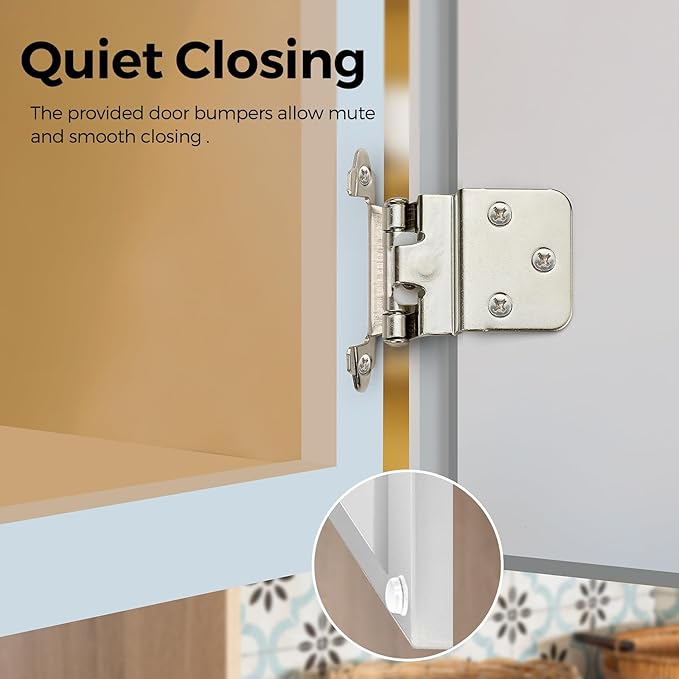 2 Pack 1 Pair Brushed Nickel Cabinet Hinges - 3/8 inch Inset Kitchen Cabinet Hinges, Semi-Concealed Hinges, Self Closing Cabinet Door Hinges with Door Bumper Flush Face Mount Cupboard Hardware