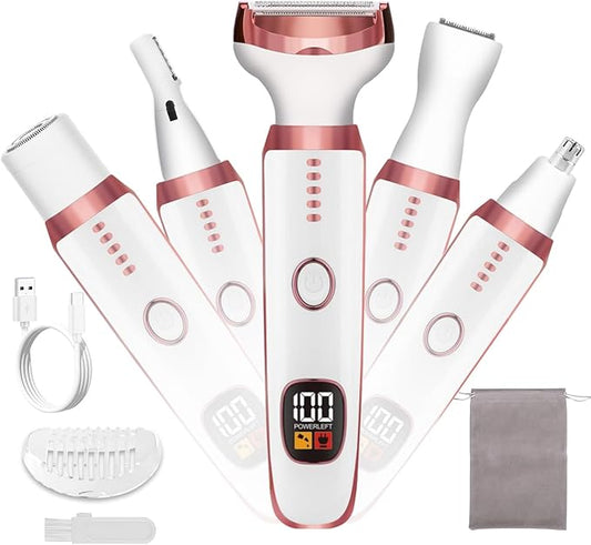 Women's Cordless Portable 5-in-1 Painless Shaver, Suitable for Body, Face, Nose Hair Trimmer, Bikini Area, Armpits, Pubic Hair, Underarms, Legs, and Eyebrows
