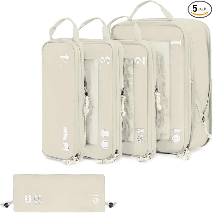 ECOHUB 5 Set Compression Packing Cubes for Suitcases Organiser Bags Set Travel Essentials with Shoe Bag for Traveling Tear-resistant Travel Accessories with ID Tag Expandable Packing Bags (Beige)