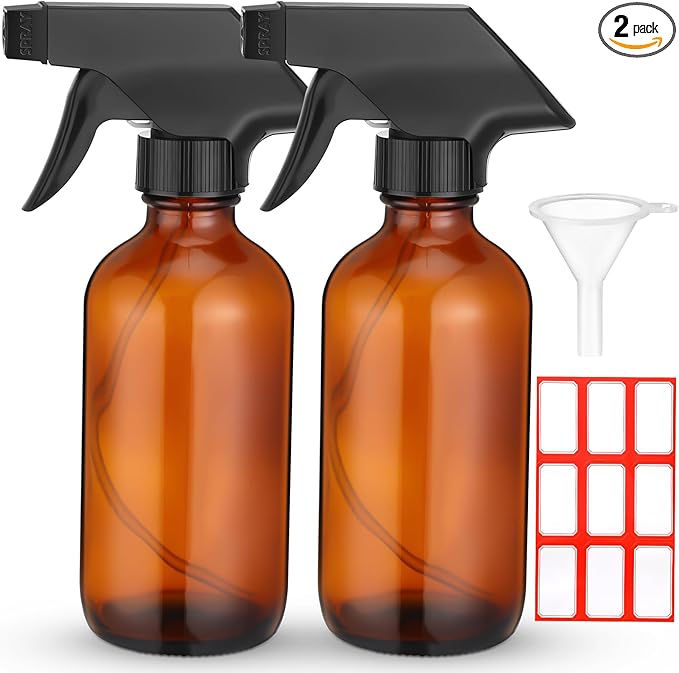 Fumete 2 Pack Glass Bottles 4oz Empty Refillable Liquid Containers with 1 Label 1 Funnel for Essential Oils Hair Travel Plants Cleaning Skin Care(Amber, Black Top,Spray Bottle)