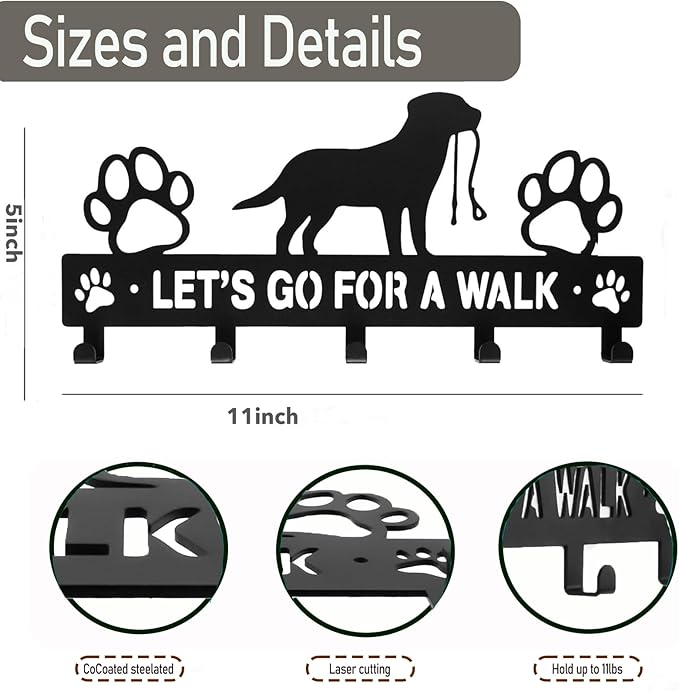 5-Hooks Dog Leash Holder for Wall， Dog Accessory Holder ，Metal Key Holder Leash Hooks