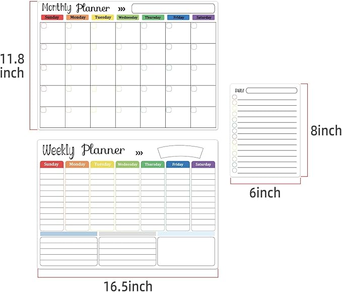 Hivillexun Magnetic Dry Erase Calendar Whiteboard Set (3-Pack) for Fridge, Wall, and Refrigerator Organization – Monthly, Weekly, and Daily Planners with 8 Markers and Eraser