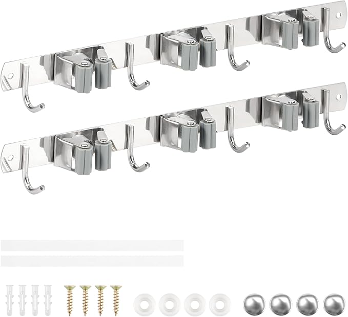 2 Pack Broom Holder Wall Mount 3 Racks 4 Hooks Stainless Steel Broom Mop Holder Anti Slip Storage Rack Strong Load Bearing Waterproof Broom and Mop Organizer Wall Hanging for Bathroom Kitchen Garage