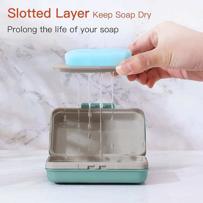 Quatish Bar Soap Holder Dish 1 Pack for Shower, Travel Soap Case with Lid for Gym, Camping Essentials, Hiking, Travel Size Toiletries, Portable, Leakproof, Blue