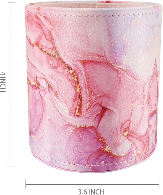 WAVEYU Pen Holder for Women Girls, Pencil Cup Pink Desk Decor, Makeup Brush Holder Large Pu Leather Multi-Functional Organizer Cup for Office, Classroom, Home, Red Marble