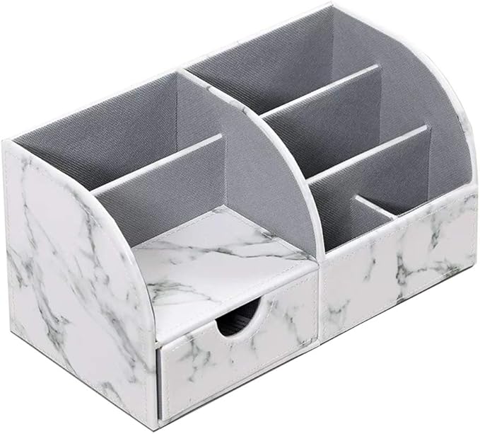 UnionBasic Desk Organizer, Multi-functional Leather Desktop Office Organizer, Pen Holder - Business Card/Pen/Pencil/Mobile Phone/Stationery Holder Storage Box, Marble White
