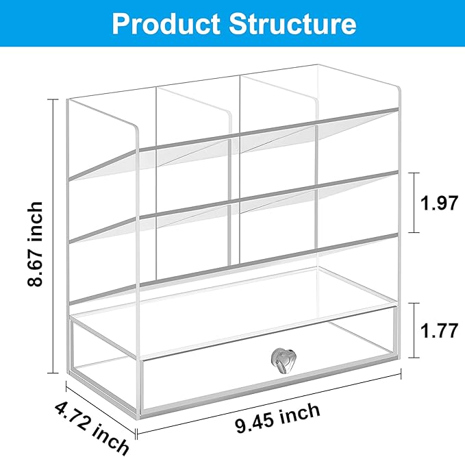 Marbrasse Clear Pen Organizer Storage, Acrylic Desk Organizer with 12 Compartments, Pen Holder for Desk, Desktop Art Organizer for Office School Art Supplies (Acrylic Pen Holder with Drawer)
