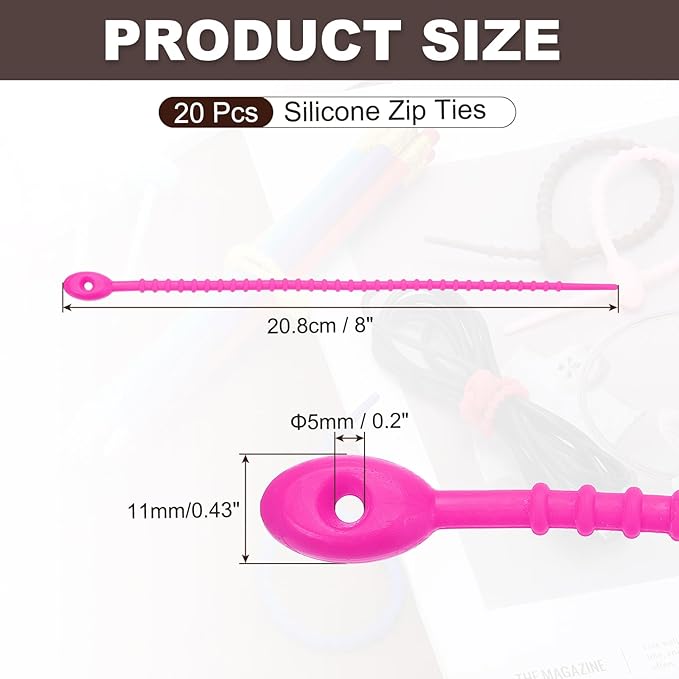 PATIKIL 8 Inch Silicone Cable Ties, 20pcs Rubber Reusable Twist Zip Ties Organizer for Home Office Kitchen Food bags Wires Adjustable Bag Clip, Rose Red