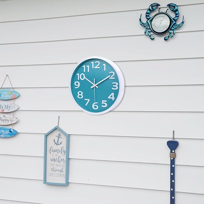Wall Clock Silent Non Ticking Indoor Outdoor Clock Battery Operated Easy to Read Analog Coastal Decor Clocks for Bedroom Office Home Patio Pool Porch Decor,12 Inch Aqua