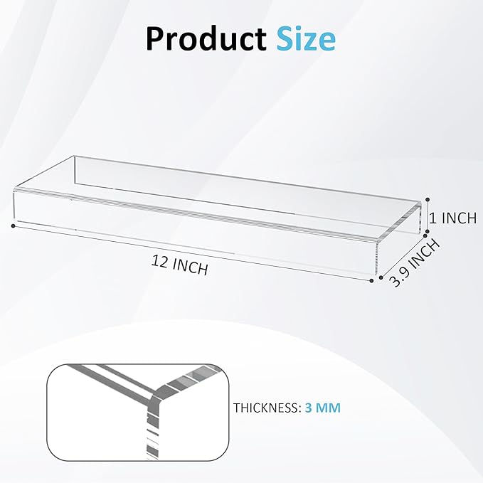 Acrylic Shelf Riser 12x3.9x1 pack of 2, Clear Display Shelf 12” for Shoes, Glasses, Plants, Home Decors, Perfume, 12x3.9x1 Inch