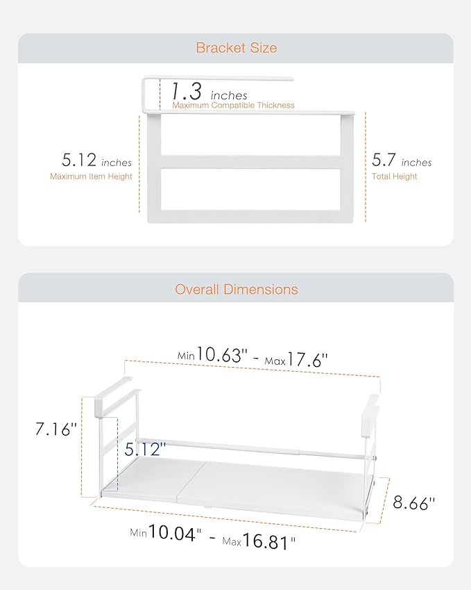 Selosiz 2Pack Under Shelf Storage Basket Organizer Expandable Width Add-On Space Saver Hanging Under Cabinet Pantry Kitchen Countertop Desktop Board Slide-in White Heavy-Duty Metal Higher Size