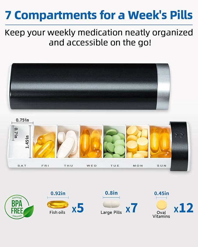 Betife Travel Pill Organizer Weekly 7 Day, Compact Daily Pill Box, Portable Medicine Case, Cute Pill Holder for Vitamins Supplements, Drawer-Shaped Pills Organizer (Black)