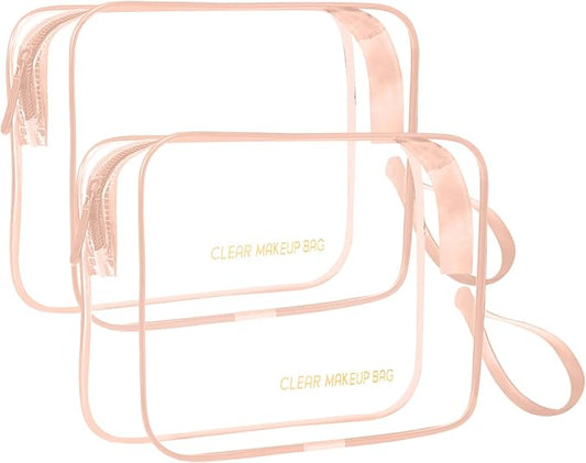 Icramsy Clear Makeup Bag, 2 Pack TSA Approved Toiletry Bag Travel Toiletry Bag Hanging Makeup Cosmetic Bag for Women Men (Rose Gold)