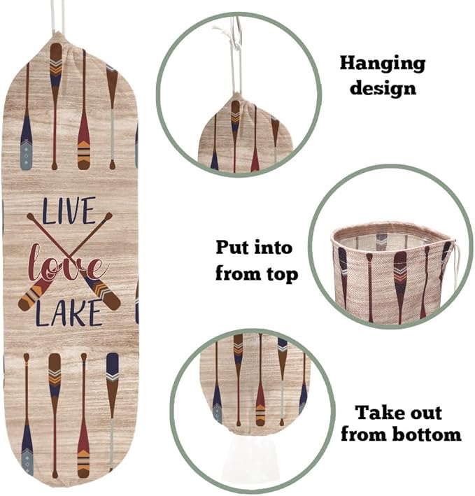 2Pcs Lake House Plastic Bag Holder for Kitchen Essentials, Reusable Hanging Grocery Bag Organizer, Washable Large Grocery Trash Bags Storage Dispenser Lake House Decor for the Home