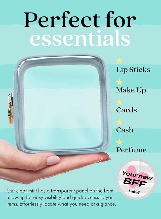 Embla Clear Makeup Bag Zipper Pouch, Transparent Cosmetic Case Organizer, TSA Approved Travel Toiletry Case, Travel Accessories Essentials Makeup Tote for Women, Mini Cute Make up Bag for Purse - Sky