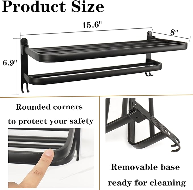 Towel Rack for Bathroom, Bath Towel Holder with Double Towel Bar and Foldable Towel Shelf, Rustproof Towel Organizer Wall Mounted Towel Storage Hanger for Bath/Balcony/Lavatory (16in Black)