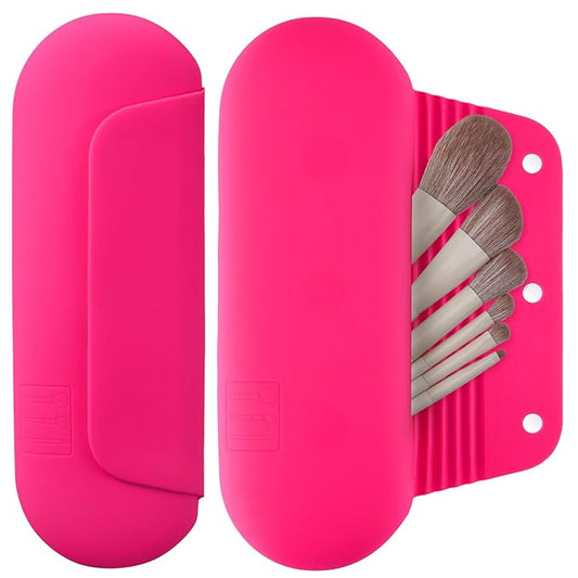 AGIKET Silicone Makeup Brush Holder Travel Cosmetic Bag: Soft Portable Cosmetic Face Brushes Holder with Upgrade Anti-Fall Out Magnetic Closure, Large Travel Makeup Brush Case - Babbie Pink