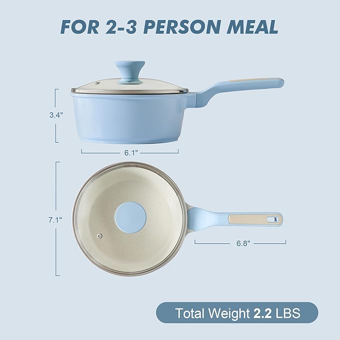 SENSARTE Ceramic Nonstick Saucepan with Lid 2.0 Quarts, Small Cooking Pot with Stay Cool Handle, Induction Compatible, Ceramic Coating, Free of Intentionally Added PTFE/PFOA/PFAS, Glacier Blue
