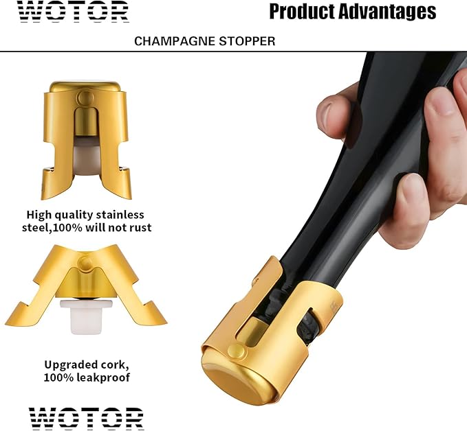 WOTOR Champagne Stoppers Stainless Steel, Prosecco Bottle Stopper with Food Grade Silicone, Reusable Champagne Cork & Saver, Leak proof Keep Fresh (Gold, 2 Pack)