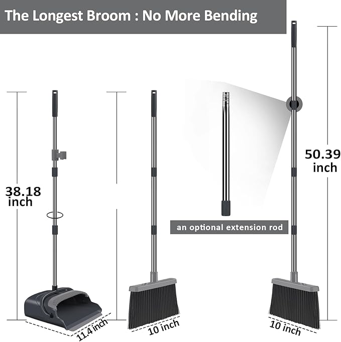 Broom and Dustpan Set for Home, Office, Indoor&Outdoor Sweeping, Stand Up Broom and Dustpan (Black&Gray)