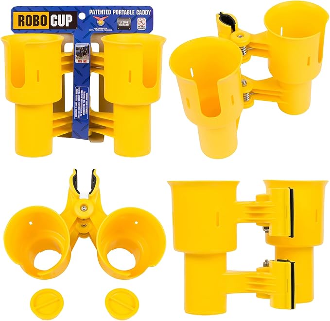 ROBOCUP, (Yellow), Patented Clamp On Boat Cup Holder |Multifunction Dual Drink Caddy for Fishing Poles, Tools, Net, Gaff |Portable Storage for Boating, Beach, Umbrellas, Golf Carts, Strollers