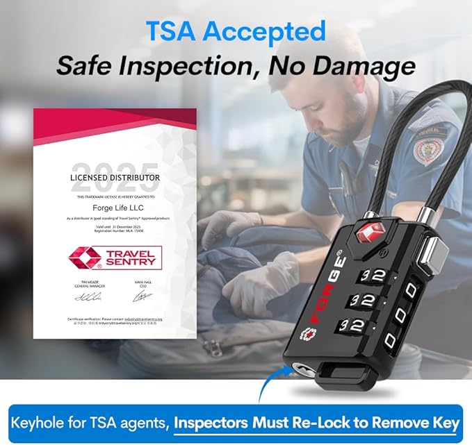 TSA Approved Cable Luggage Locks, Resettable Combination with Alloy Body