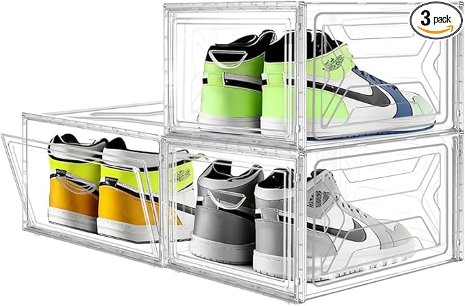 3-Pack Shoes Organizer Box, Clear Stackable Baseball Caps Holder with Secure Buckle-Door,Hat Rack Display Case,Durable and Hard PP Material Storage Box for Caps, Hats,Shoes and Accessories