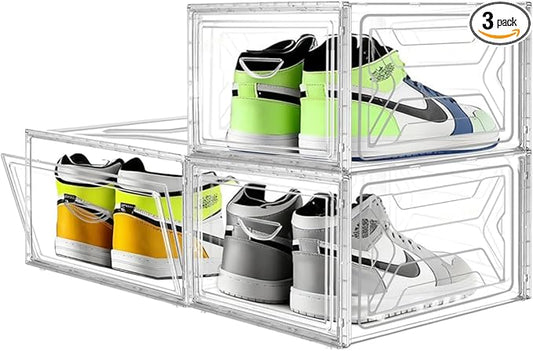 3-Pack Shoes Organizer Box, Clear Stackable Baseball Caps Holder with Secure Buckle-Door,Hat Rack Display Case,Durable and Hard PP Material Storage Box for Caps, Hats,Shoes and Accessories