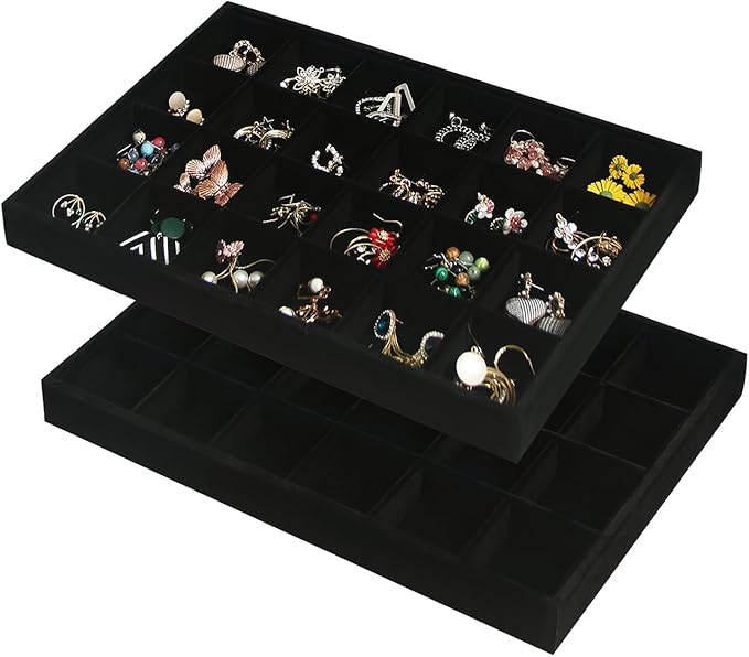 Coward 2PC Black Velvet Stackable 24 Grid Jewelry Organizer Tray Necklace Earring Box Storage Drawer Ring Earring Display Holder (24grid+24grid)